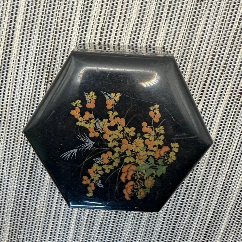 Vintage Hexagon Trinket Box Black Floral Jewelry Case Japanese Style Small 2.75